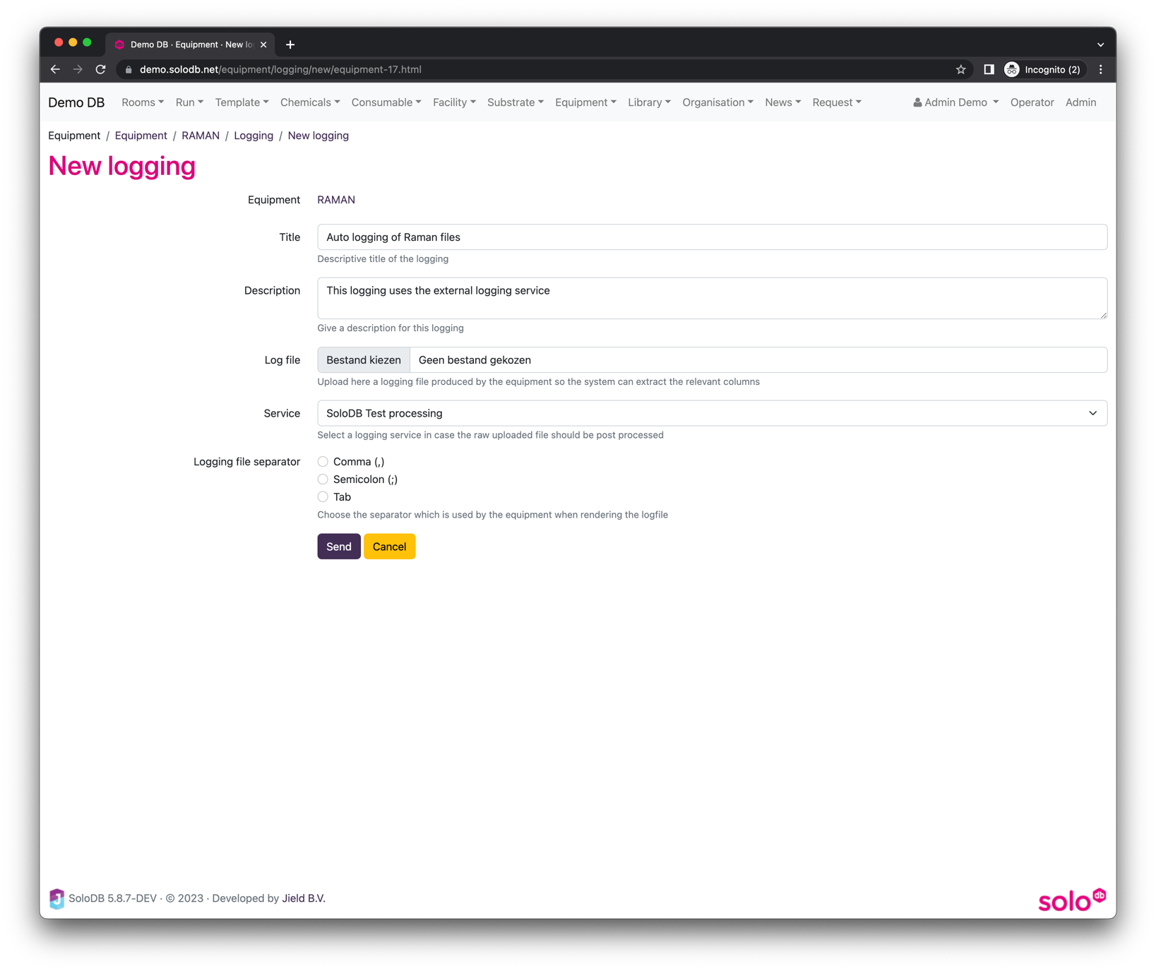 Form to create new service logging on an equipment