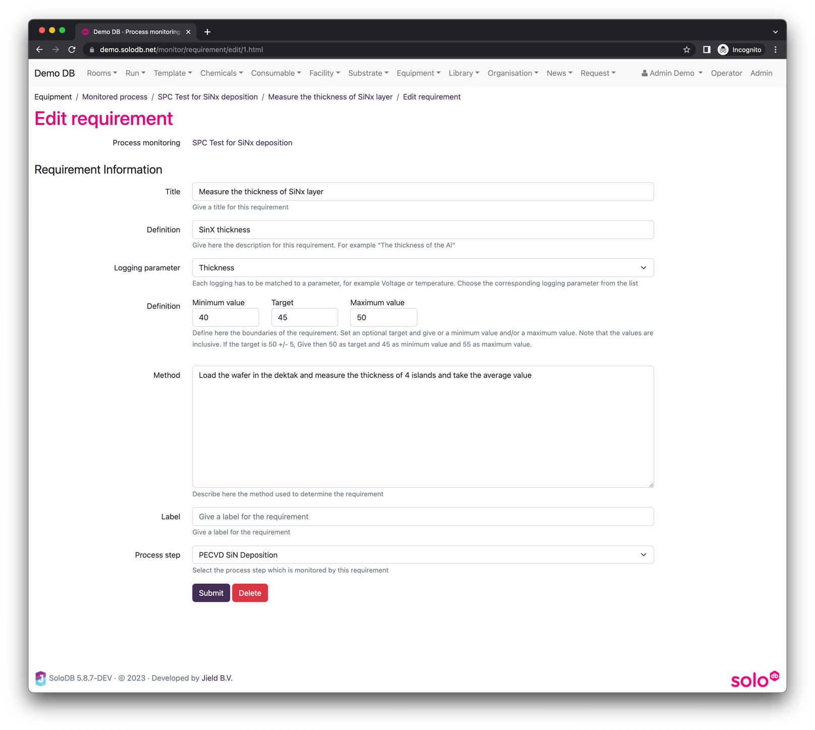 Completing form to set up monitored
process requirement