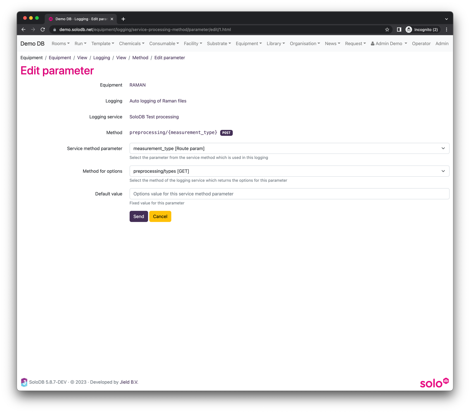 Form to add a new parameter logging method