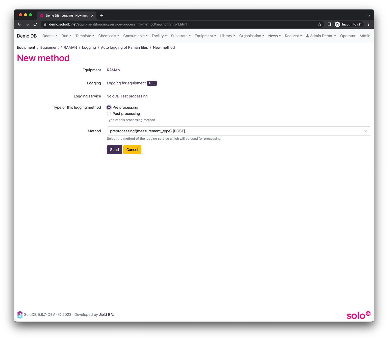 Form to create new service logging method