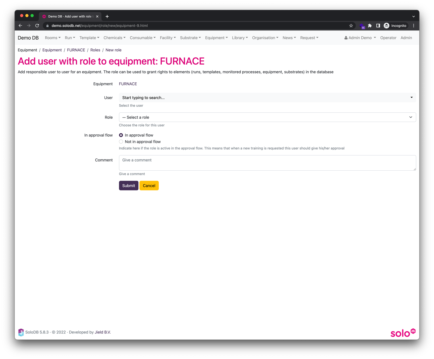 Image showing the form to
create a new equipment role