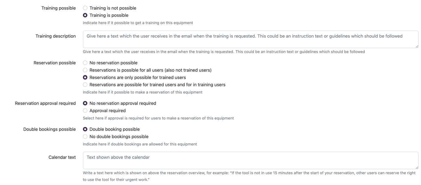 Image showing the
relevant settings for trainings and reservations