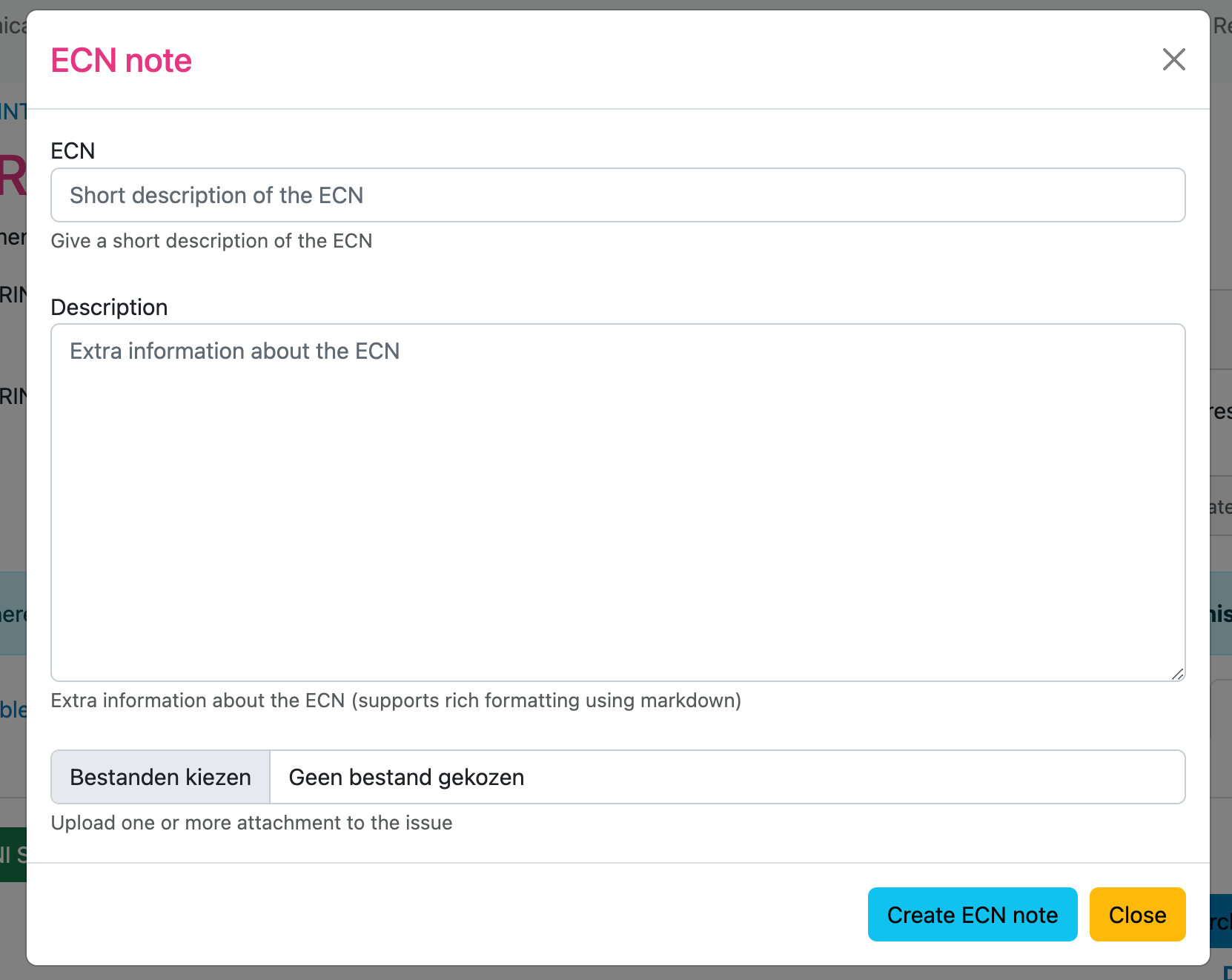 Image showing an form to create a ECN
note