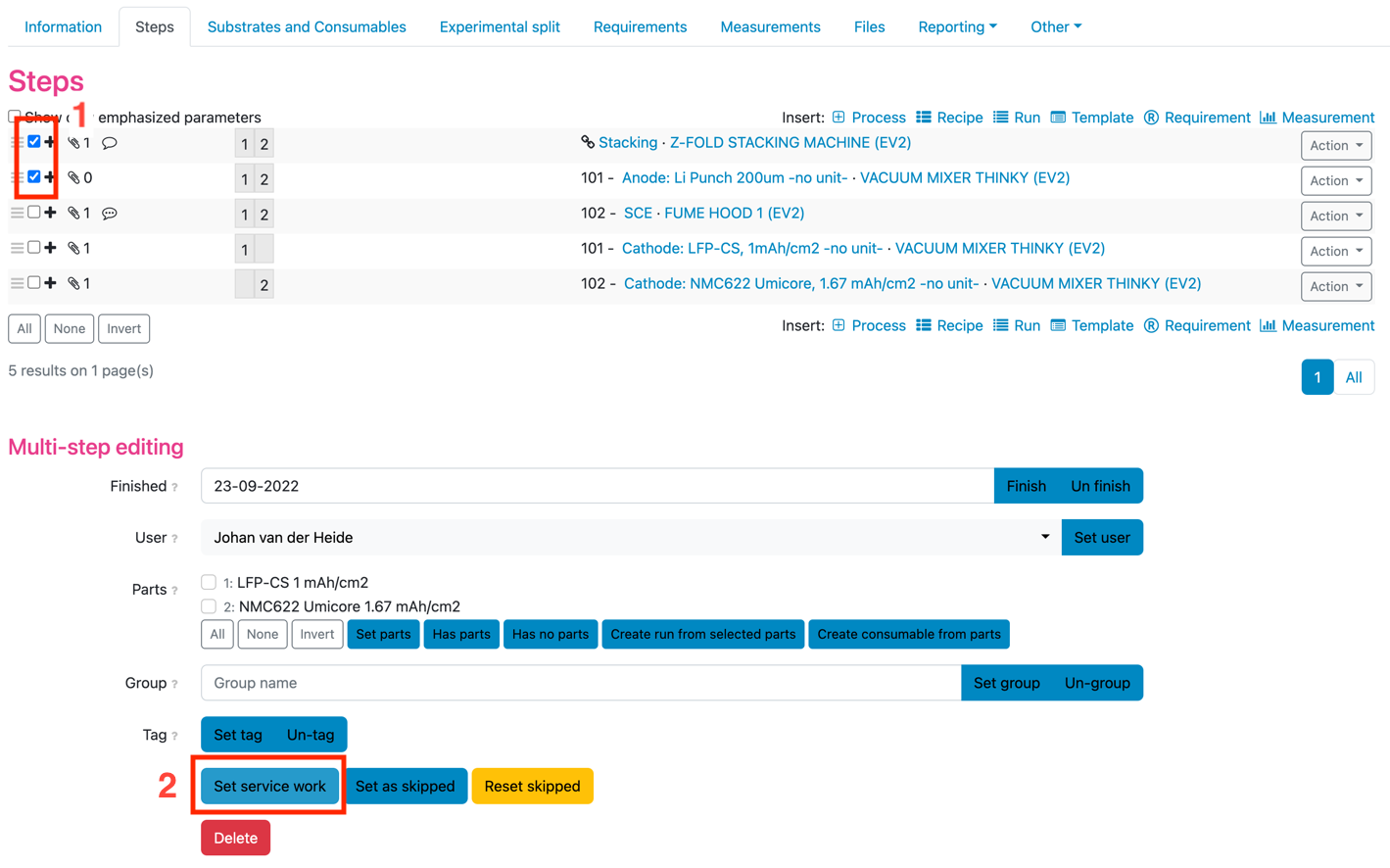 Actions needed to set service work. First select the steps which should receive service work (1) and then click Set Actions needed to set service work. First select the steps which should receive service work (1) and then click Set