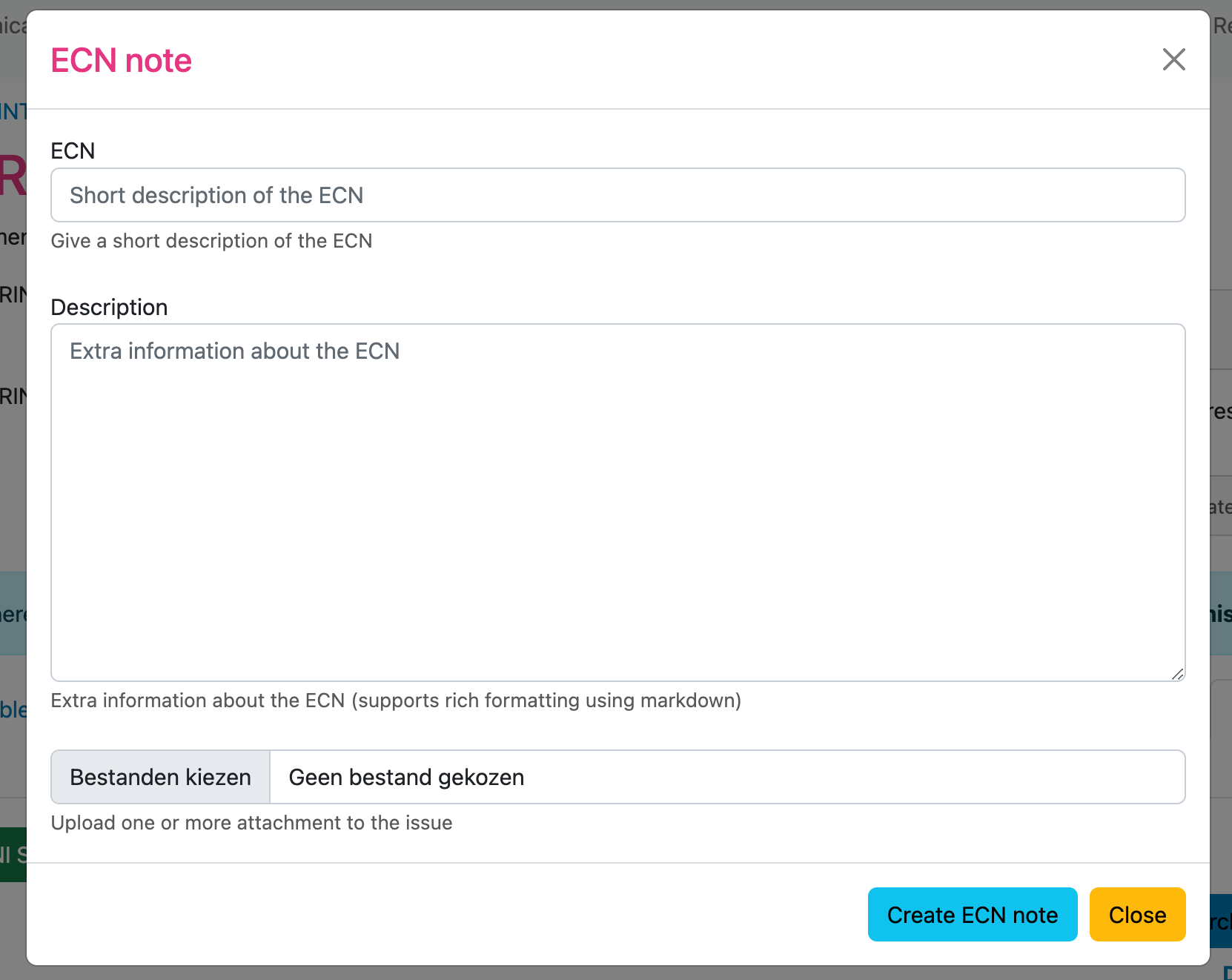 Image showing an form to create a ECN note Image showing an form to create a ECN note