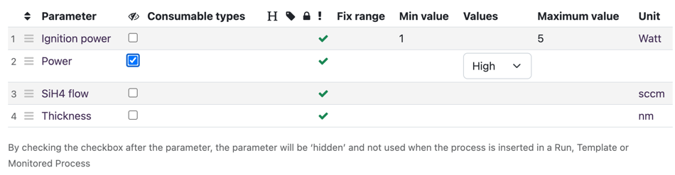 An
equipment module parameter can be set as hidden in a process