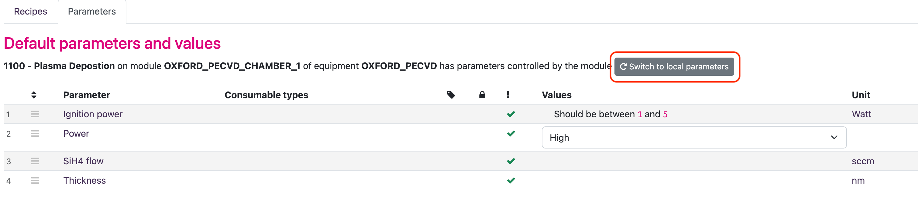 Image
showing button how to switch to local parameters