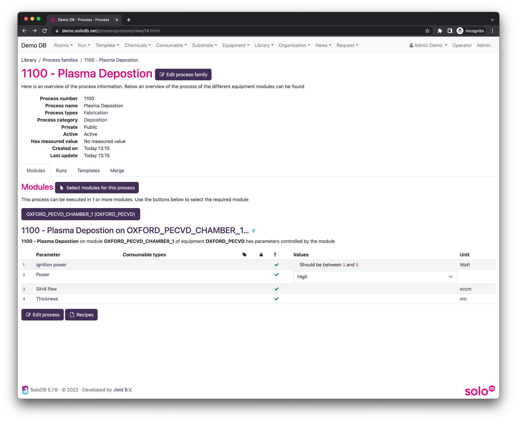 Image showing a process family where
an equipment module has been selected