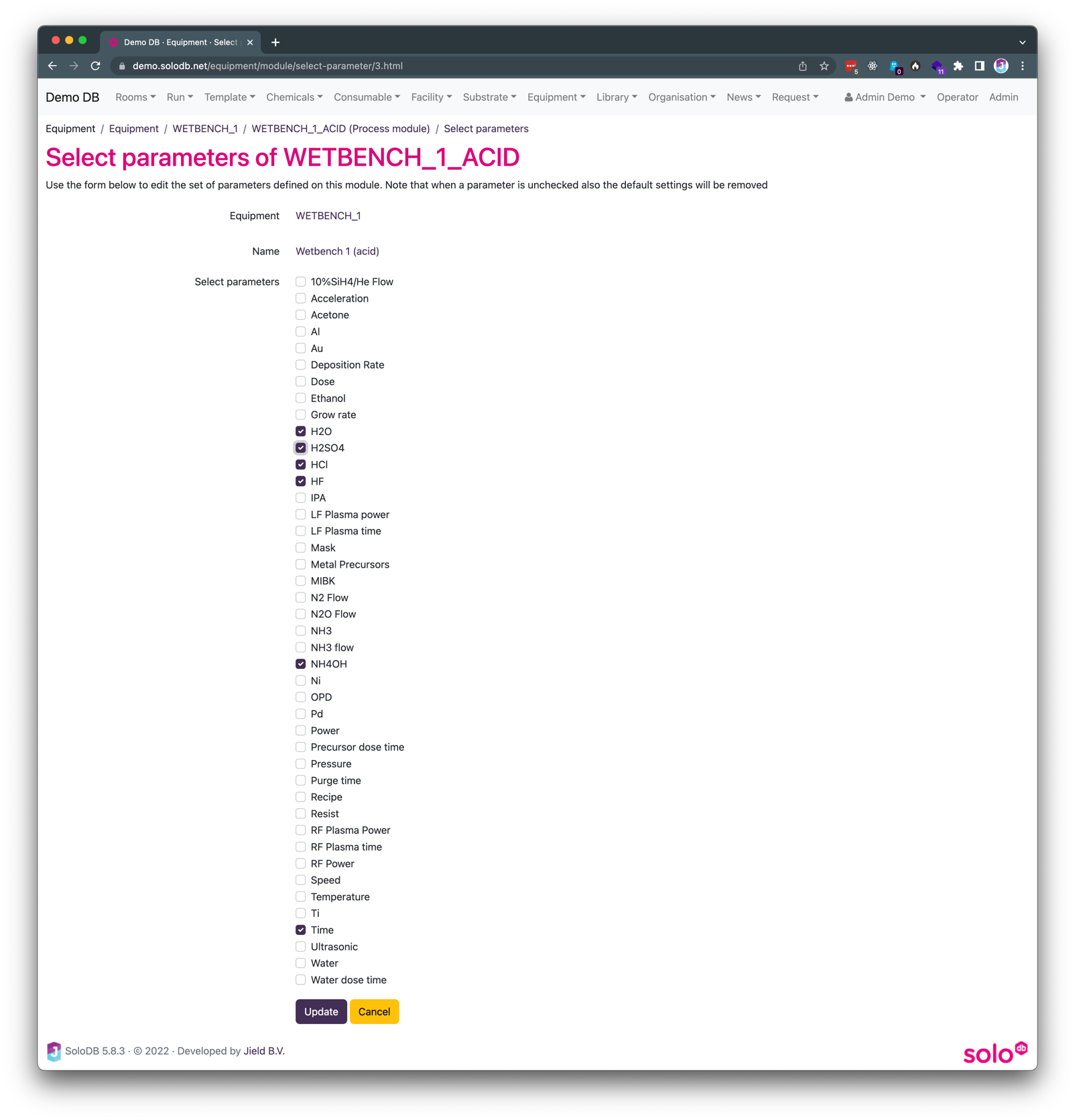 Image showing a form
where parameters can be selected per equipment module