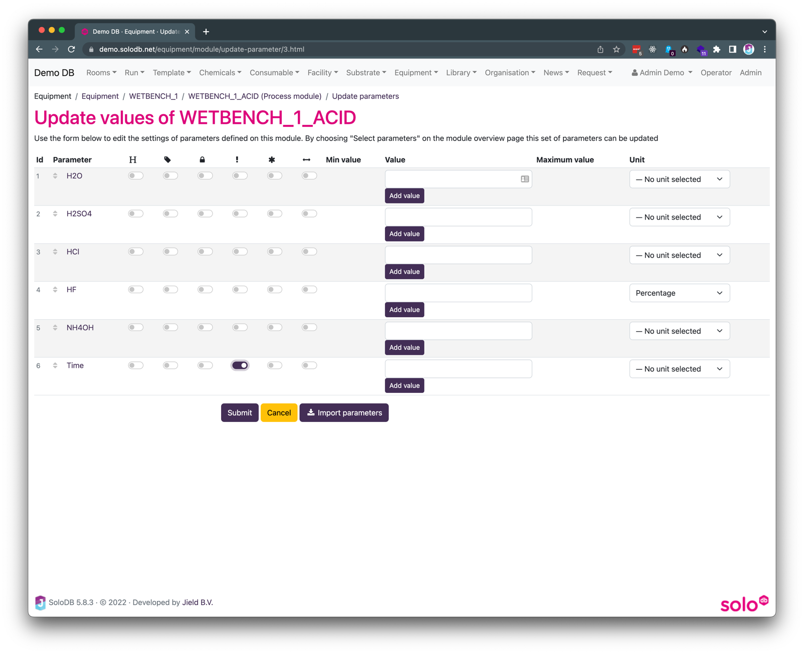 Image showing a form
where parameters can be updated per equipment module