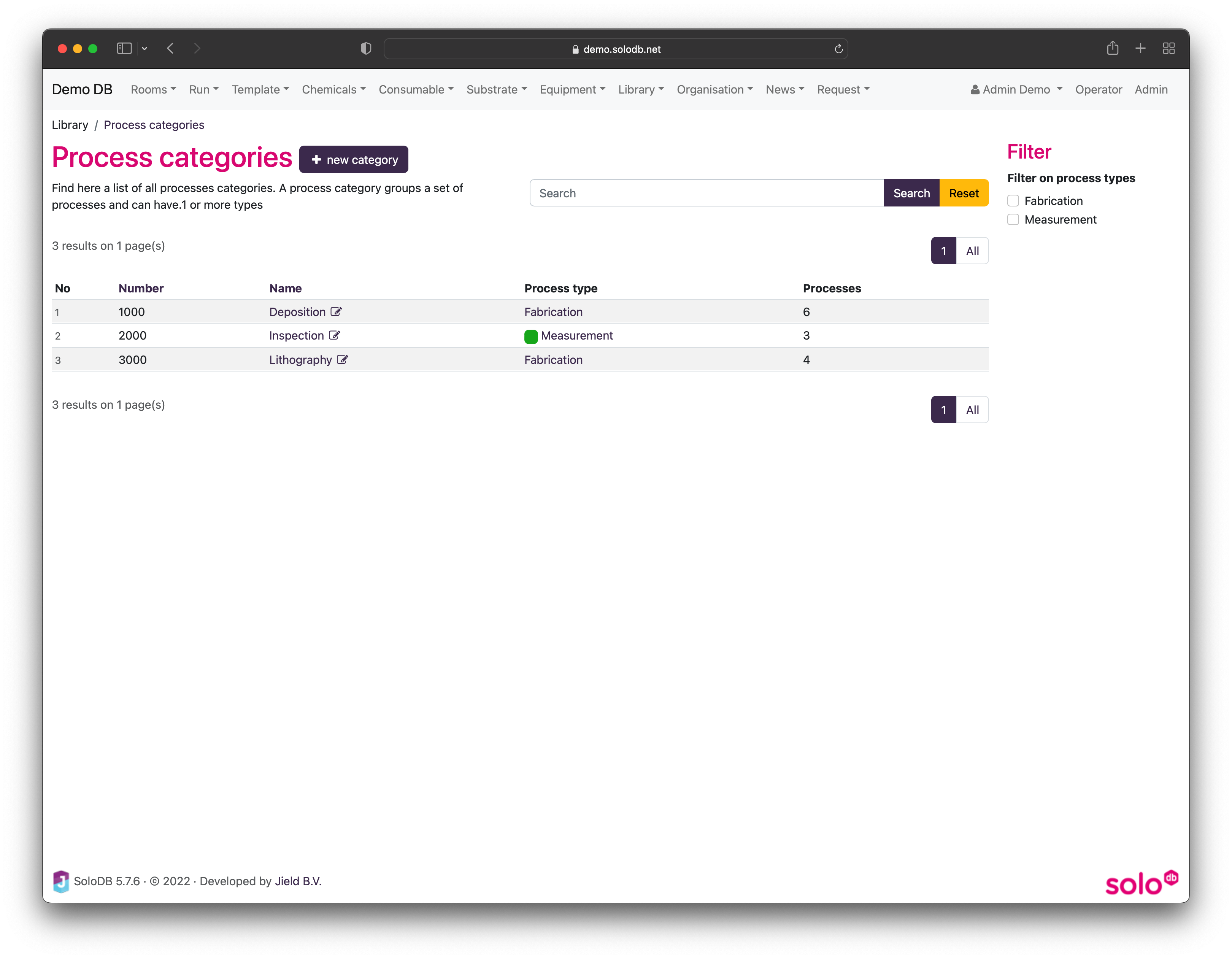 Image showing an overview of all
process categories, the filter on the right can be used to refine the results