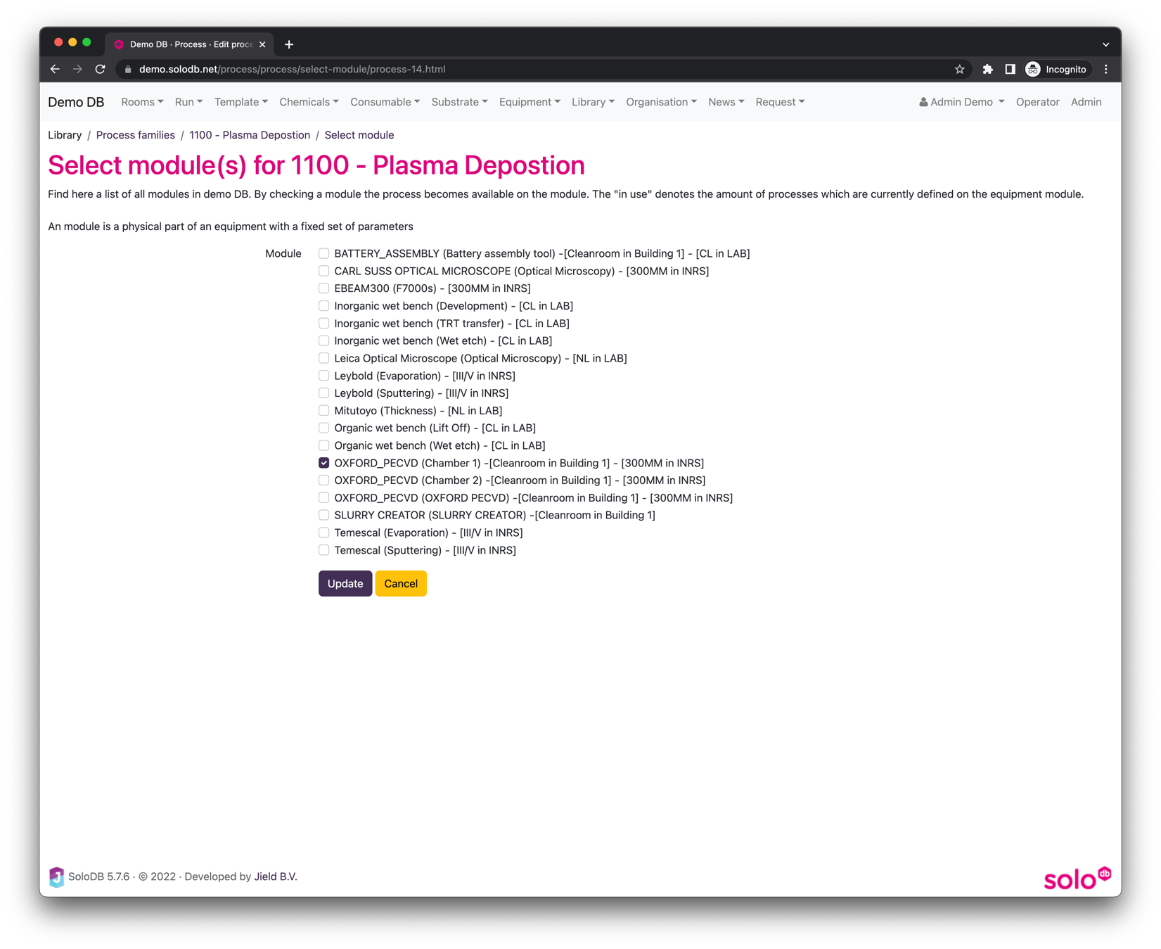 Image showing the
form where the equipment module can be chosen on which a process family can be executed