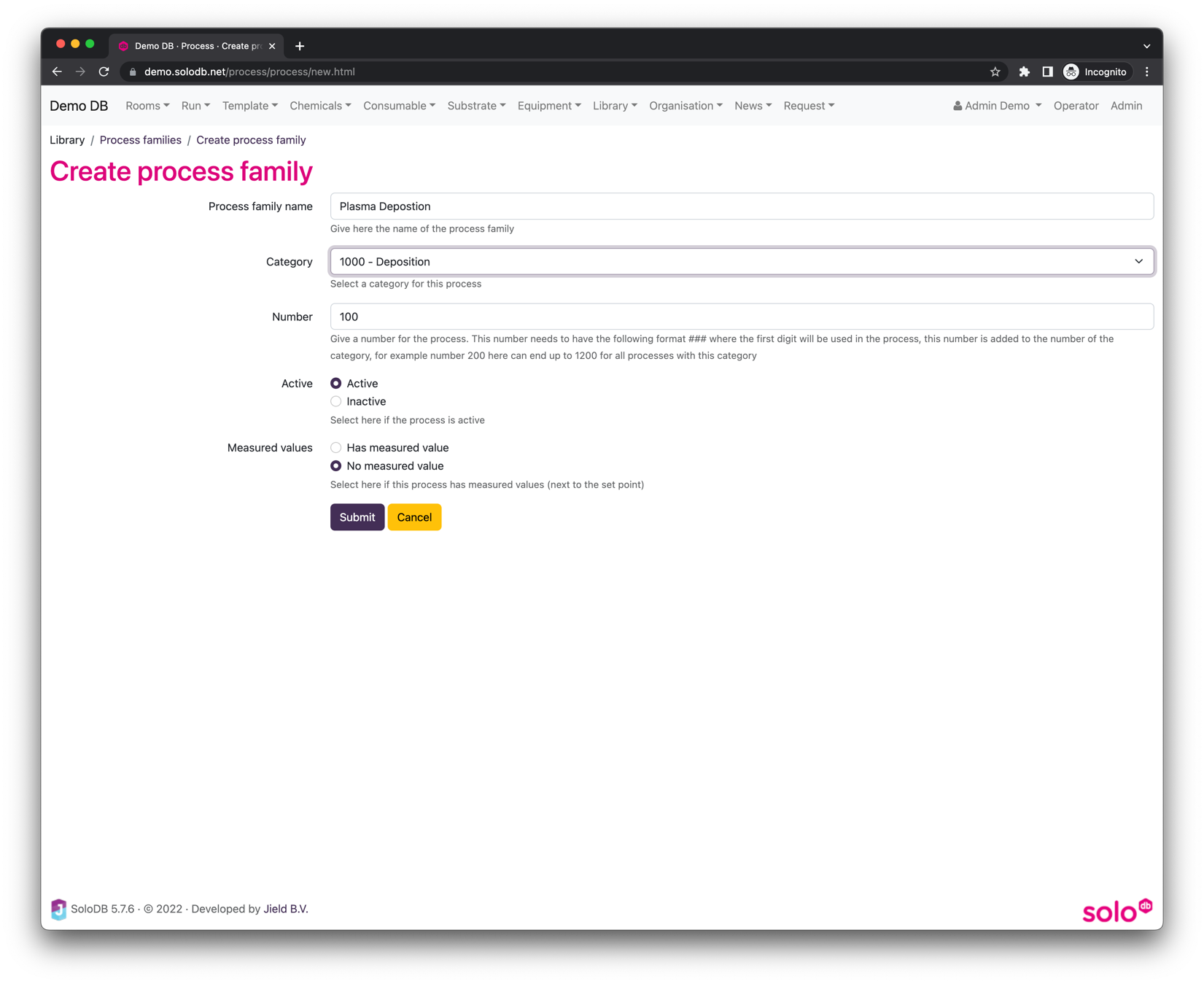 Image showing the form how to
create new process family