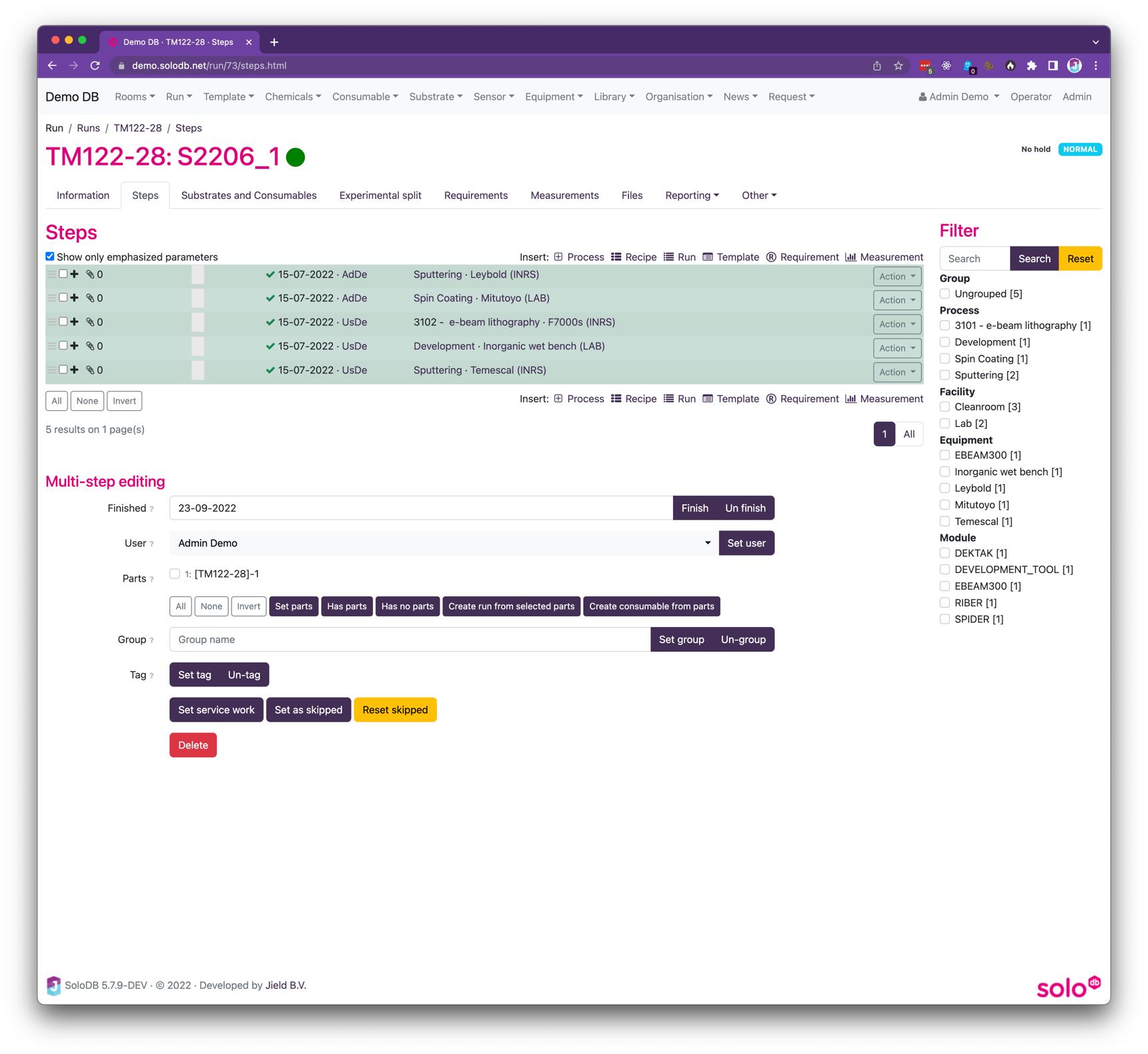 In the run steps all processes executed in the
run are shown